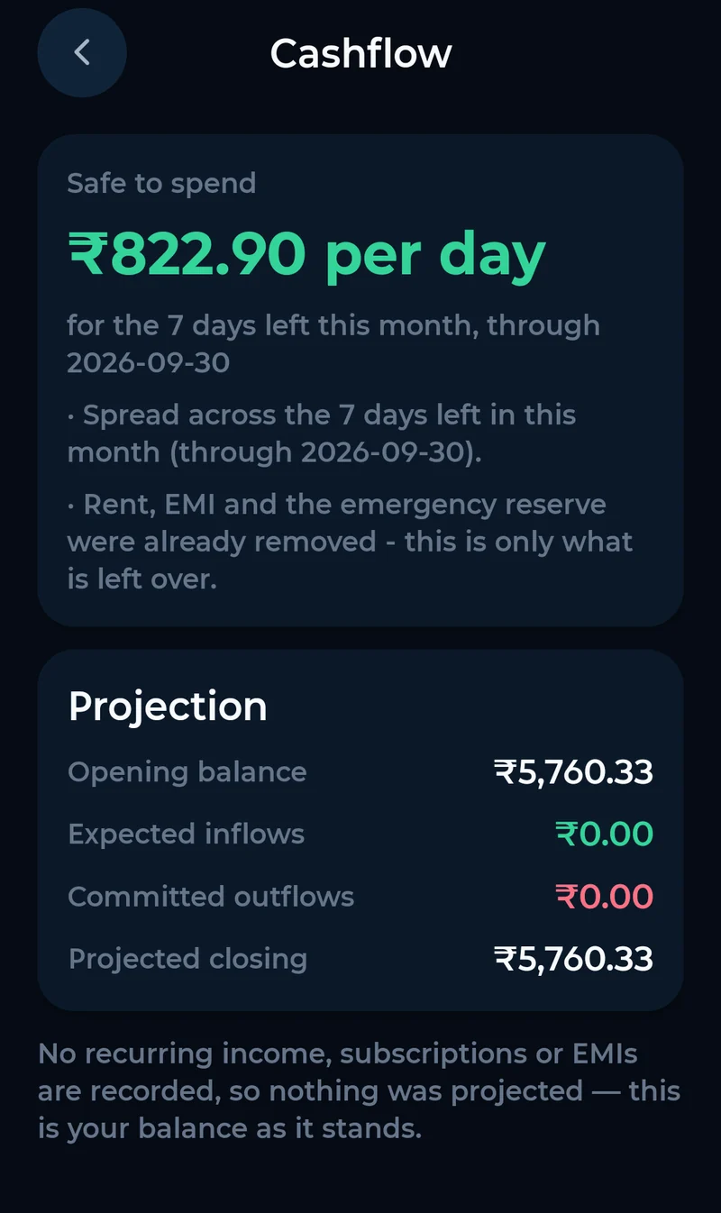 AQVIK cash flow screen showing how much is safe to spend per day for the rest of the month, and a projection of opening balance, expected inflows, committed outflows and projected closing balance