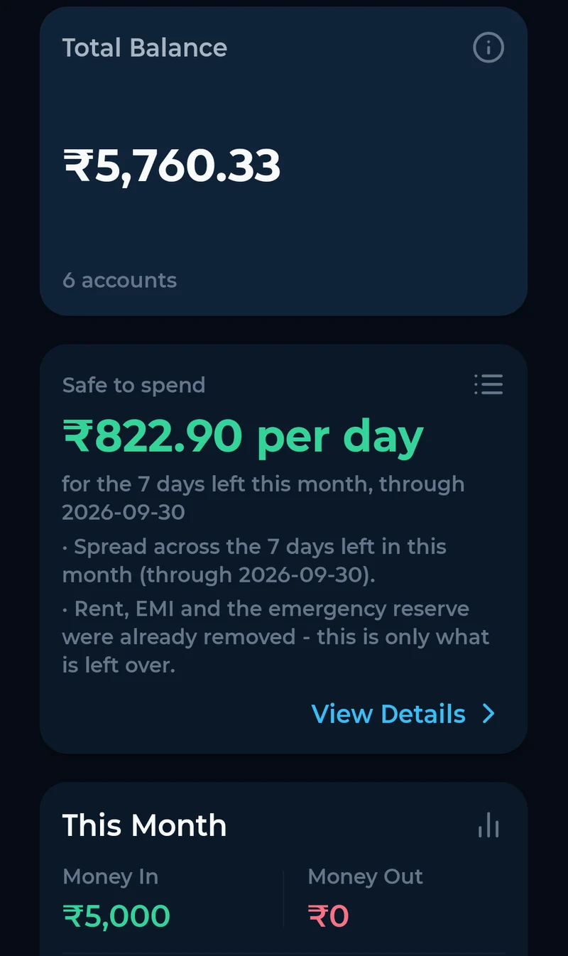 AQVIK home screen showing total balance across accounts, safe to spend per day, and money in and out this month