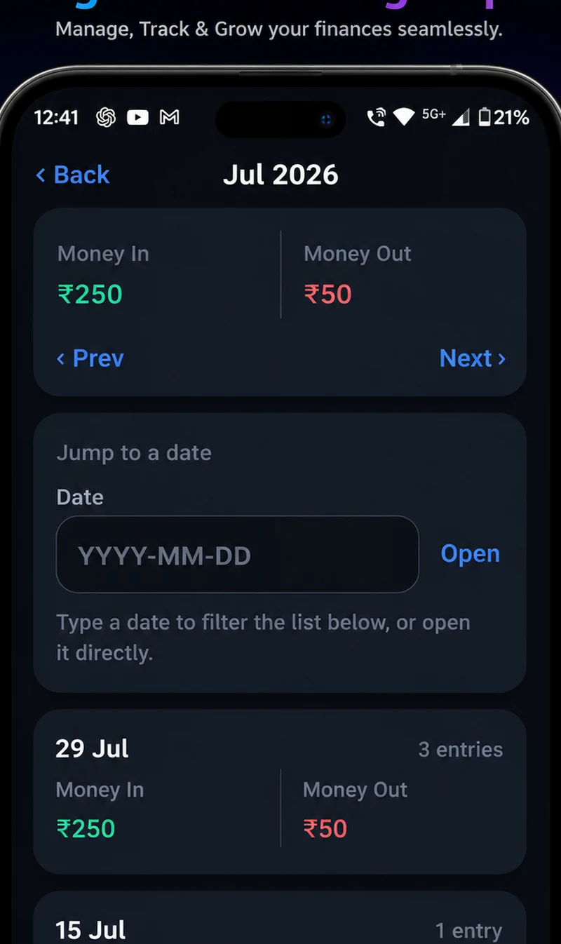 AQVIK monthly summary for July 2026 showing money in, money out and a day-by-day breakdown