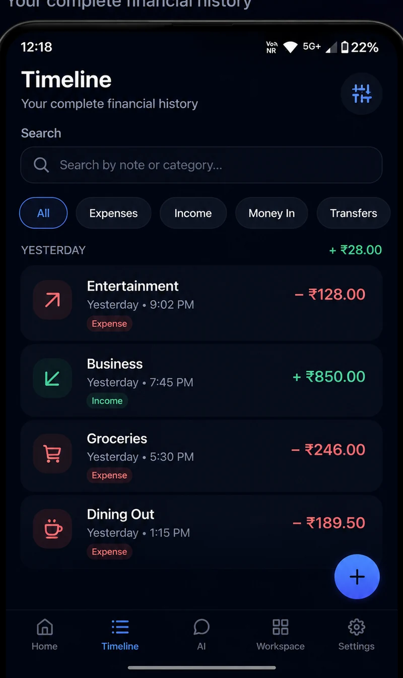 AQVIK timeline screen listing recent transactions with a search field and category filters