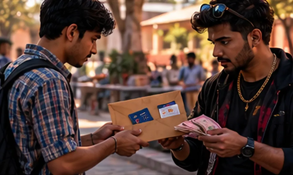 College canteen ke peeche ek jawaan ladka doosre ladke ko bhura lifaafa deta hua, lifaafe mein se bank card, passbook aur SIM card jhaankte hue, aur badle mein haath mein note