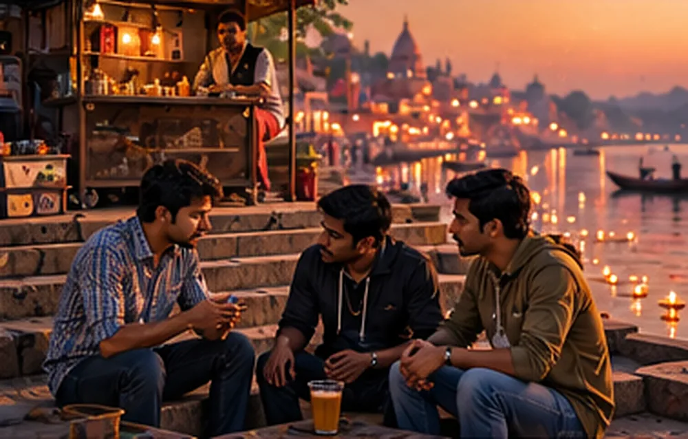Shaam ko Varanasi ke ghat pe chai ki chhoti dukaan, haath se likha chetaavni ka board, seedhiyon pe baitha jawaan ladka do college ke ladkon se baat karta hua, peeche Ganga mein tairte diye