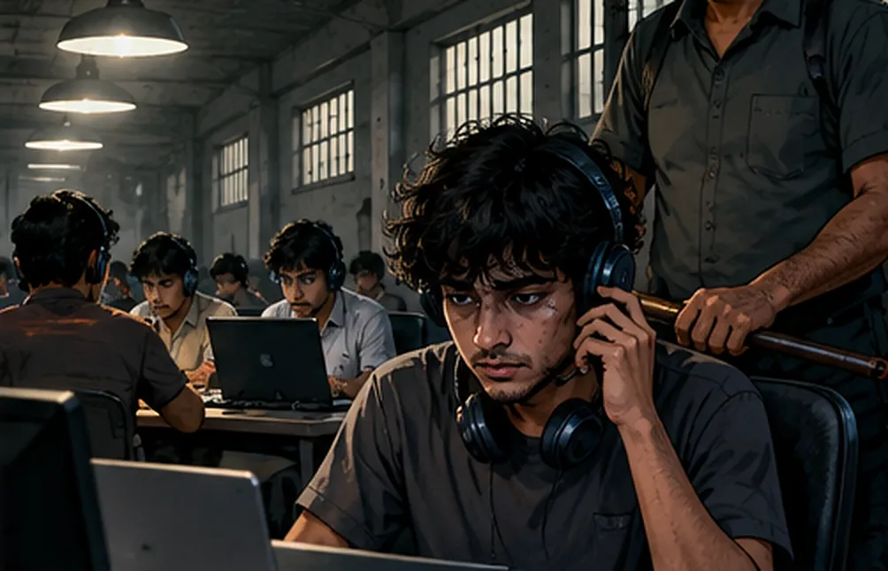 Scam compound ka lamba hall, desk pe headset lagaye ladke, aur peeche khada guard