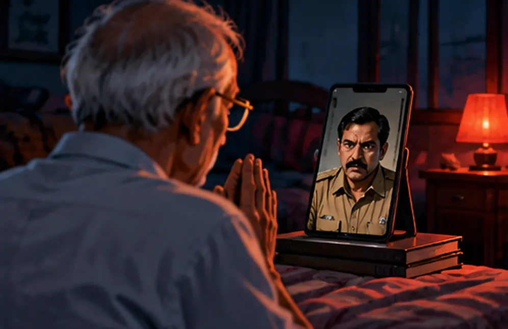 Ramesh Verma bistar pe haath jode phone ki screen pe vardi wale aadmi ko dekh rahe hain