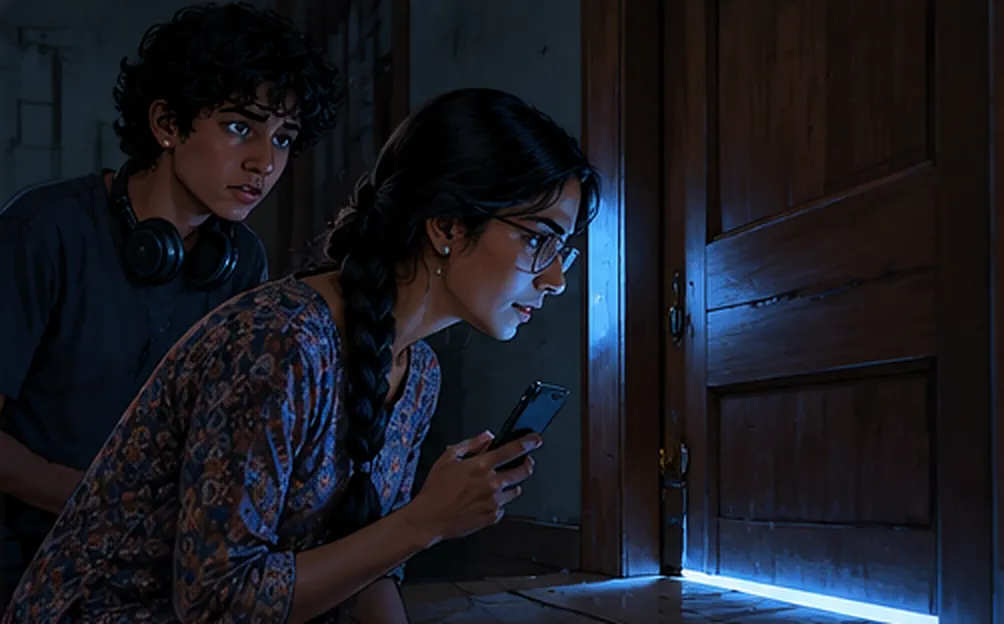 Raat ke andhere mein Neha aur Bunty band darwaze ke neeche se aati neeli roshni dekh rahe hain