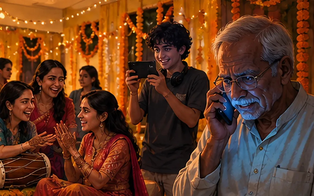 Mehndi ki raat, khushi ka maahaul, aur kone mein phone kaan pe lagaye dare hue papa