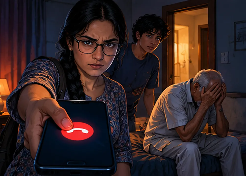 Neha call kaat rahi hai, peeche toote darwaze pe Bunty, aur zameen pe sir pakde baithe papa