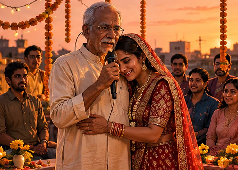 Chhat pe saadi shaadi, papa microphone pe bol rahe hain aur dulhan Neha unke gale lagi hai
