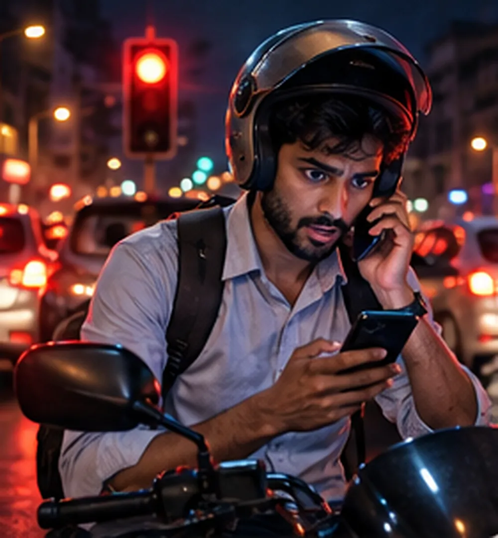 Indore ke traffic signal pe bike pe baitha jawaan ladka, kaan aur helmet ke beech phone phansaaye, chehre pe ghabrahat
