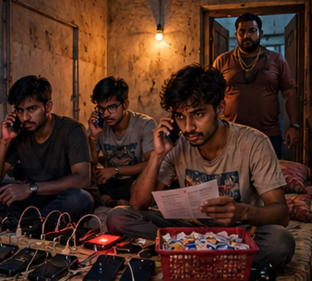 Gaon ke ek kamre mein gaddon pe baithe ladke, deewar ke sahare charge hote kai phone aur SIM cardon ki tokri