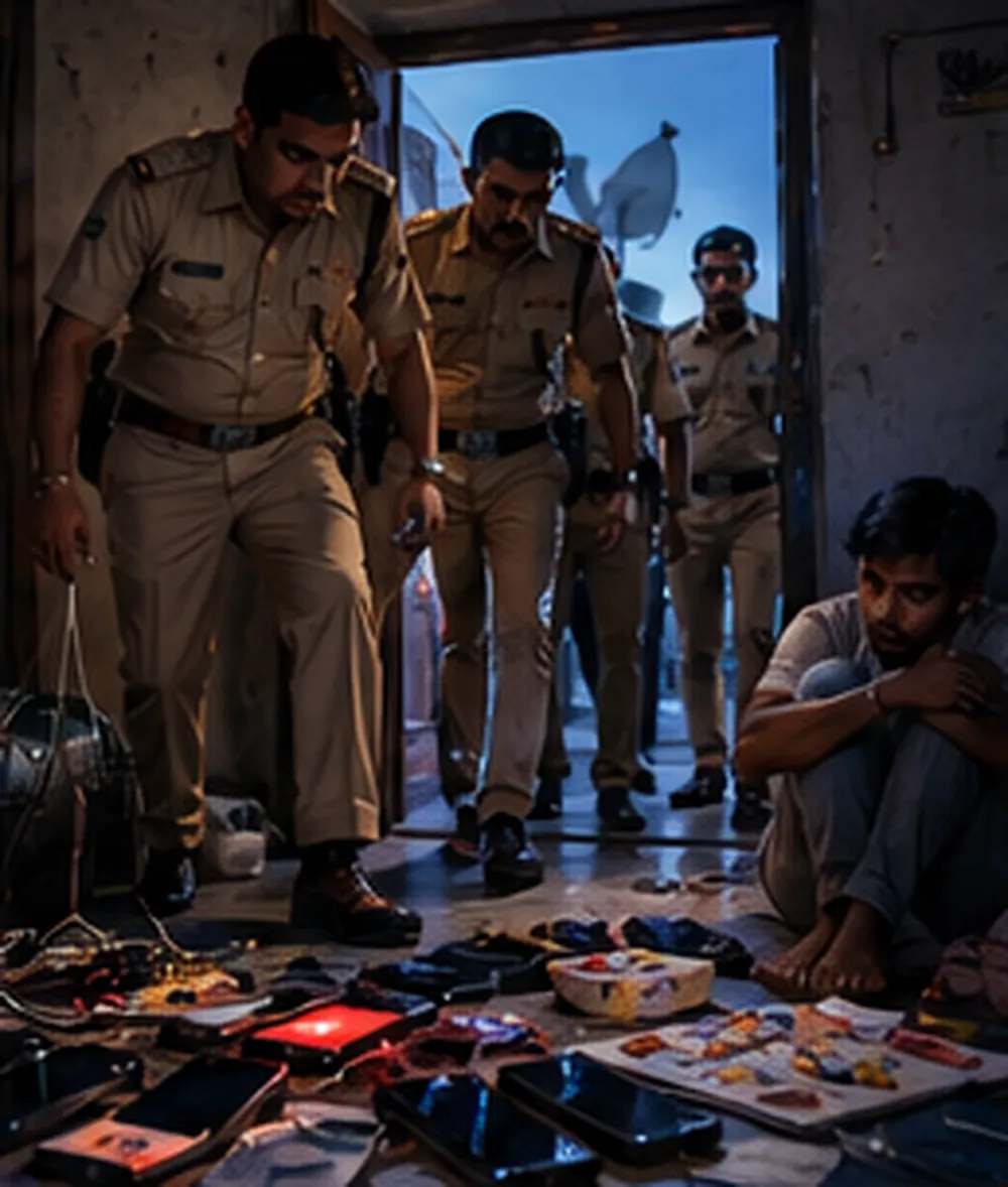 Subah ke dhundhlake mein gaon ke ek kamre mein police, zameen pe bikhre phone aur SIM card, kone mein ghutne pakde baitha jawaan ladka