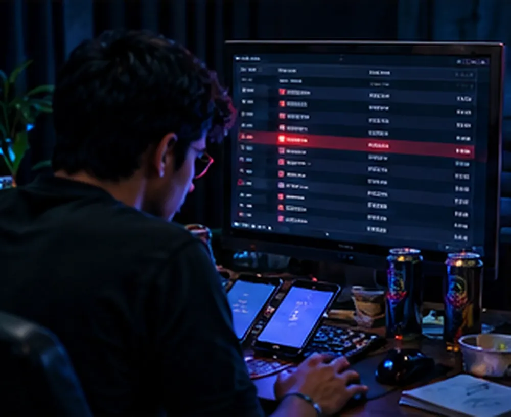 Andhere kamre mein kaale parde, ek bade monitor pe phone ki lambi list, aur monitor ke saamne baitha ek ladka
