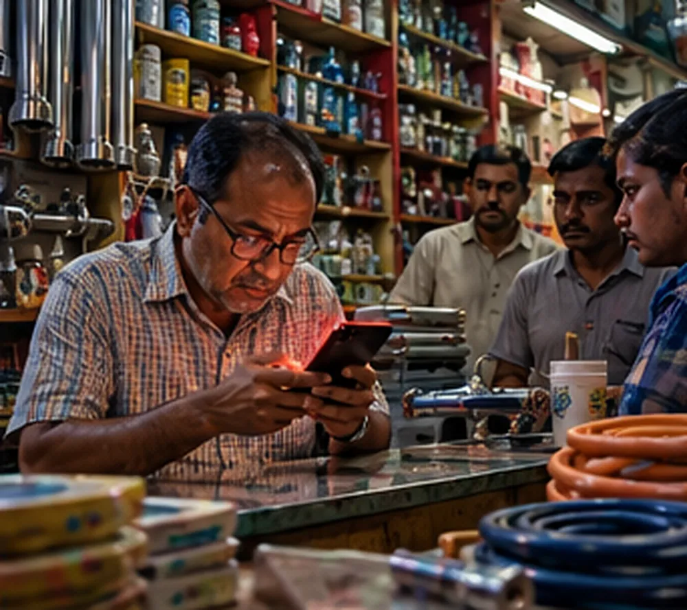 Patna ki hardware dukaan ke counter pe khade Sunil Prasad phone pe link dabate hue, aas-paas grahak aur pipe-nal ka saamaan