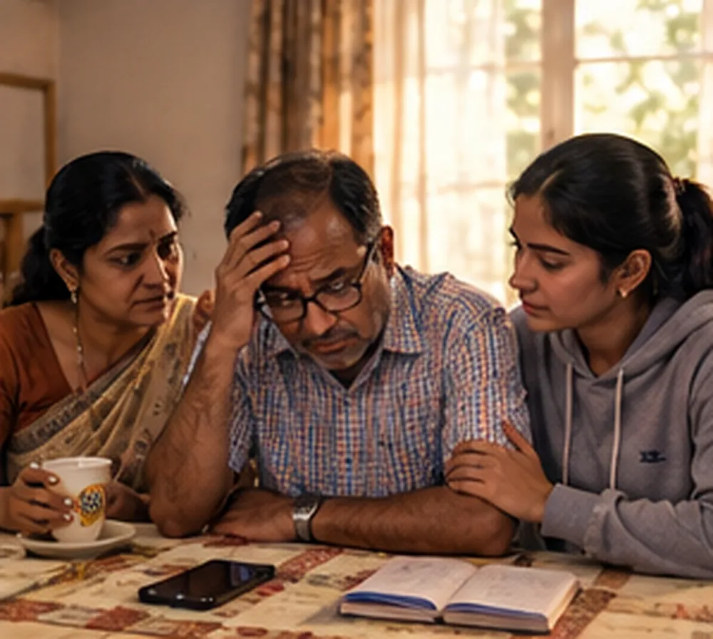 Subah ki roshni mein ghar ki rasoi mein baithe Sunil, unki patni Rekha aur beti Anjali, Anjali papa ka haath pakde hue, table pe phone aur passbook