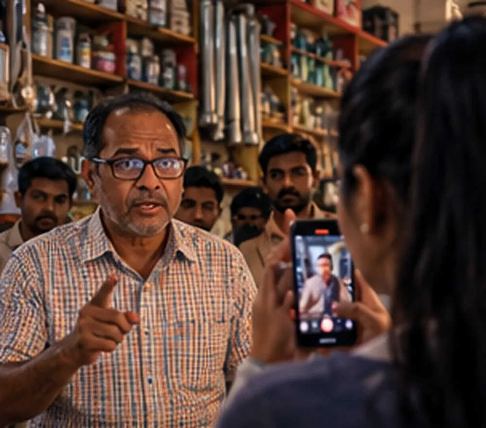 Hardware dukaan ke counter ke peeche khade Sunil Prasad, chashma lagaye, saamne beti Anjali phone se unka video bana rahi hai