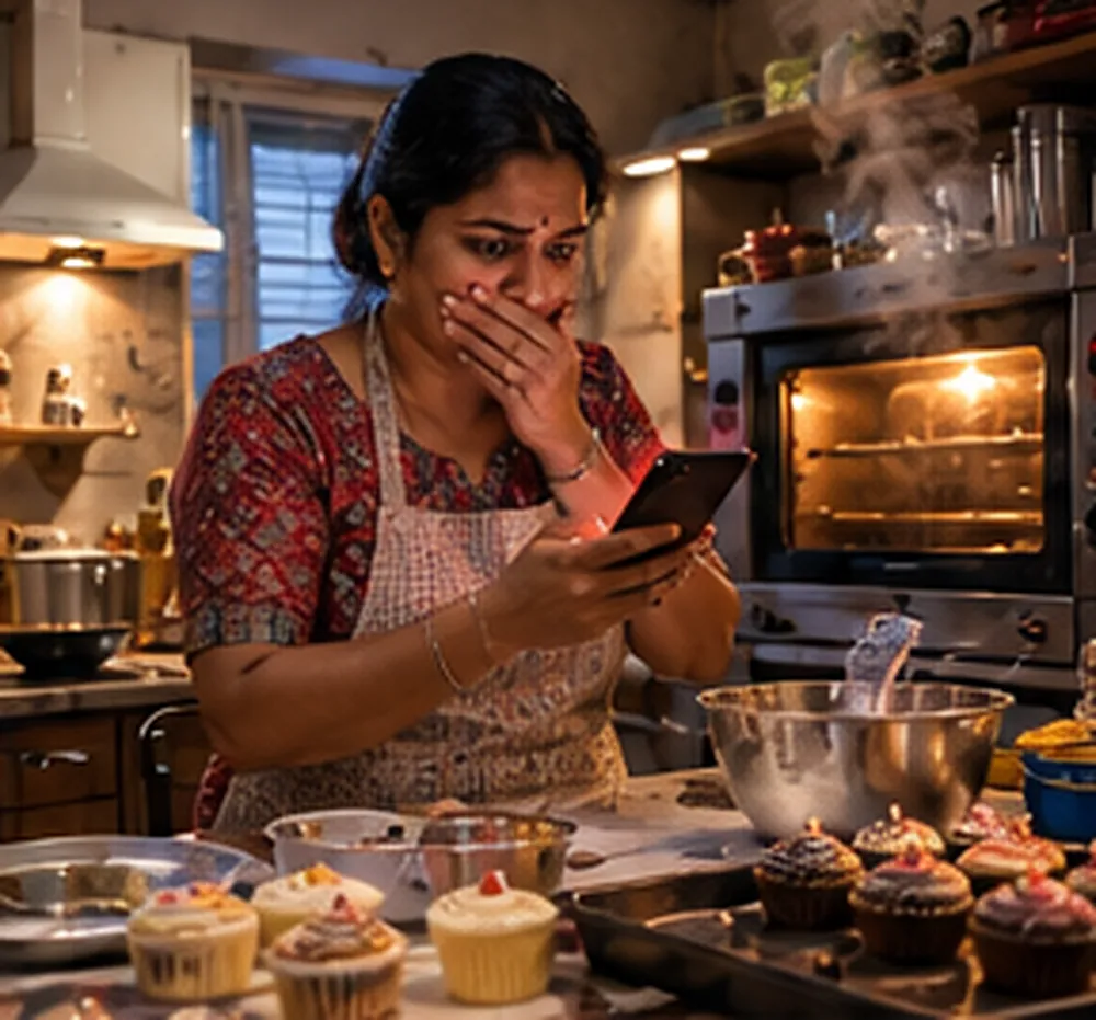 Ludhiana ke ghar ki rasoi mein baking ka saamaan, oven se uthta dhuan, aur counter pe phone pakde sadme mein khadi Harpreet