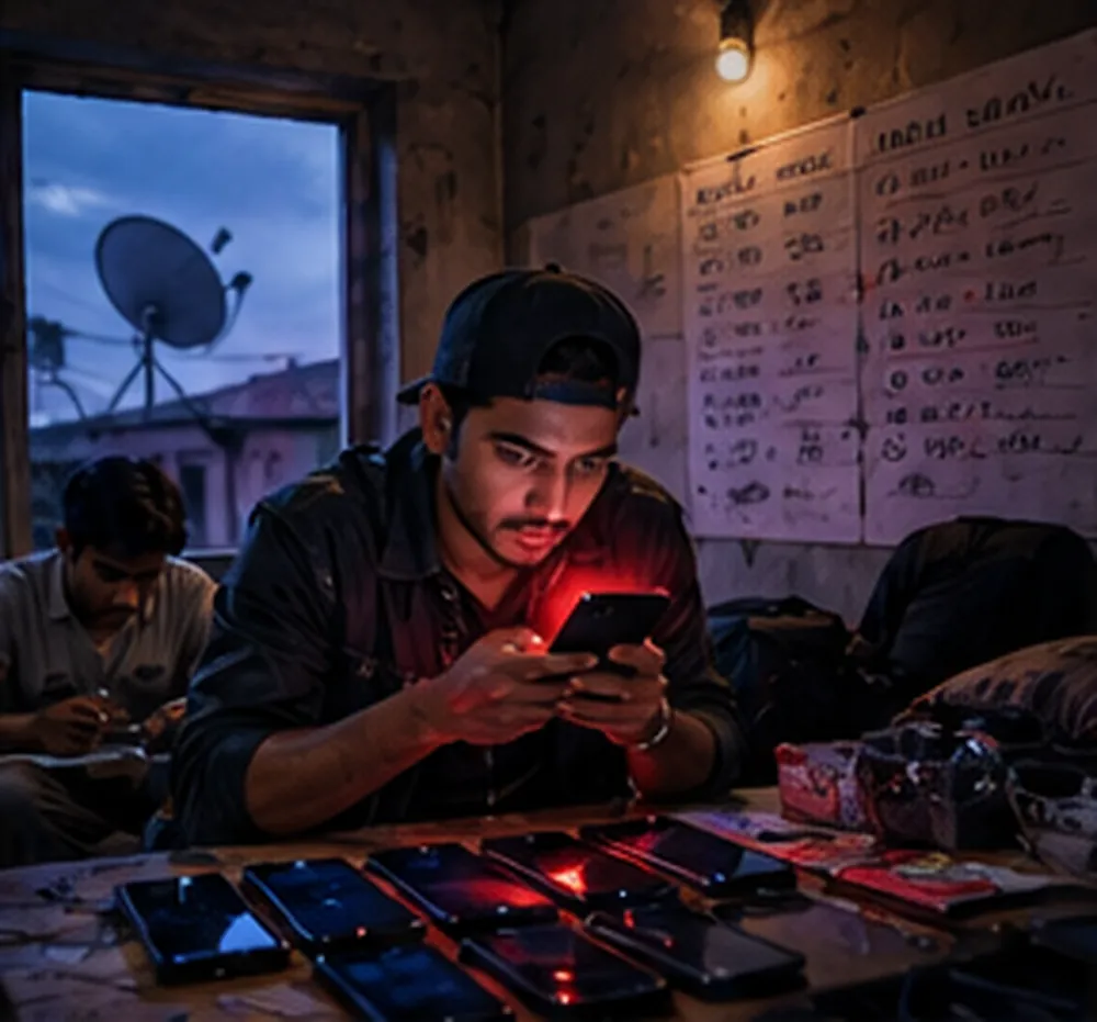 Gaon ke ek kamre mein ek jawaan ladka phone pe kaam karta hua, deewar pe haath se likha chart, aur saamne kai phone