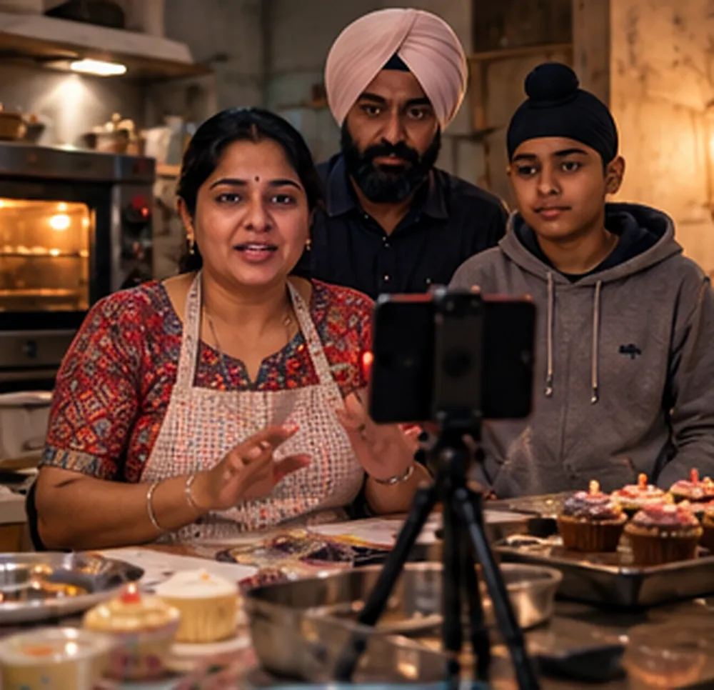 Ghar ki rasoi mein apron pehne Harpreet phone pe video record karti hui, peeche oven, aur paas mein khade pati Gurjeet aur beta Jasmeet