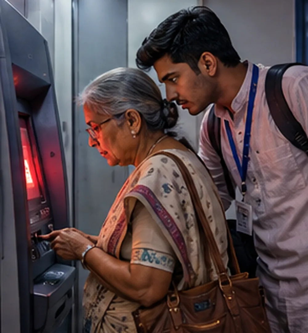 Ek ATM kiosk ke andar ek bujurg mahila card daalti hui, aur unke peeche khada ek jawaan ladka madad ke bahaane screen ki taraf dekhta hua