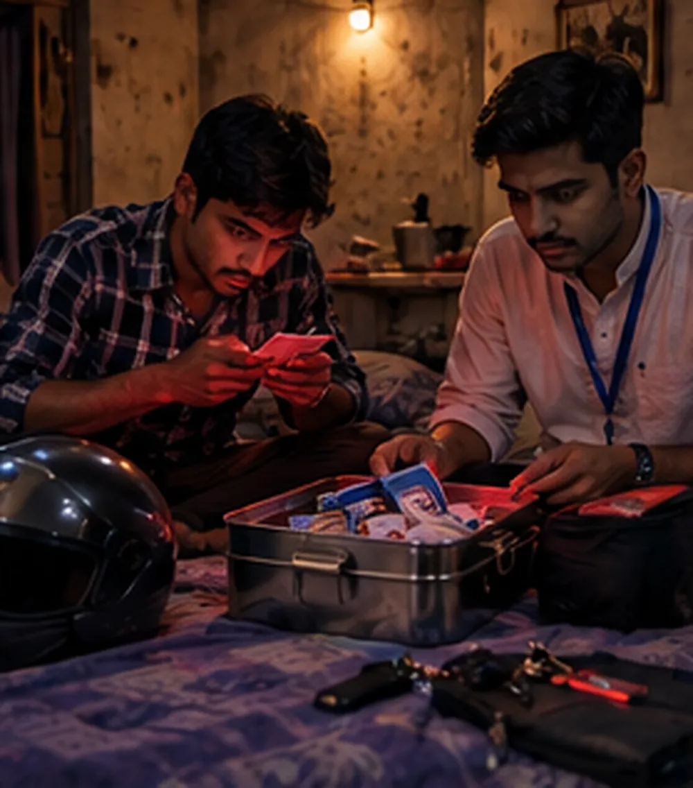 Ek chhote kiraye ke kamre mein do ladke, bed pe khula ek tiffin box jisme dher saare bank card, aur paas mein ek scooter ki chaabi