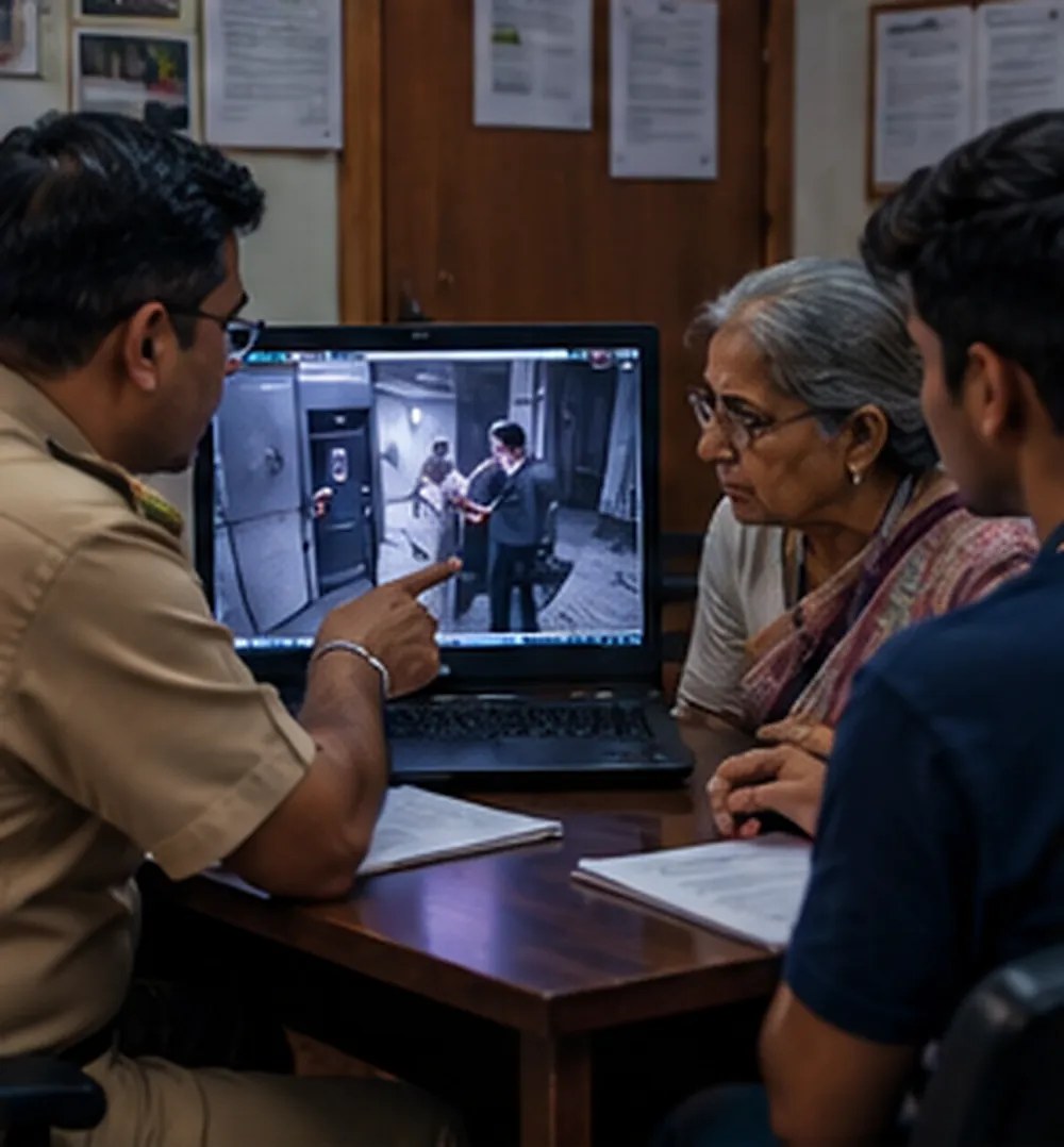 Thane mein ek police adhikari laptop pe ATM ka CCTV video dikhata hua, saamne baithi bujurg mahila aur unka pota dhyan se dekhte hue