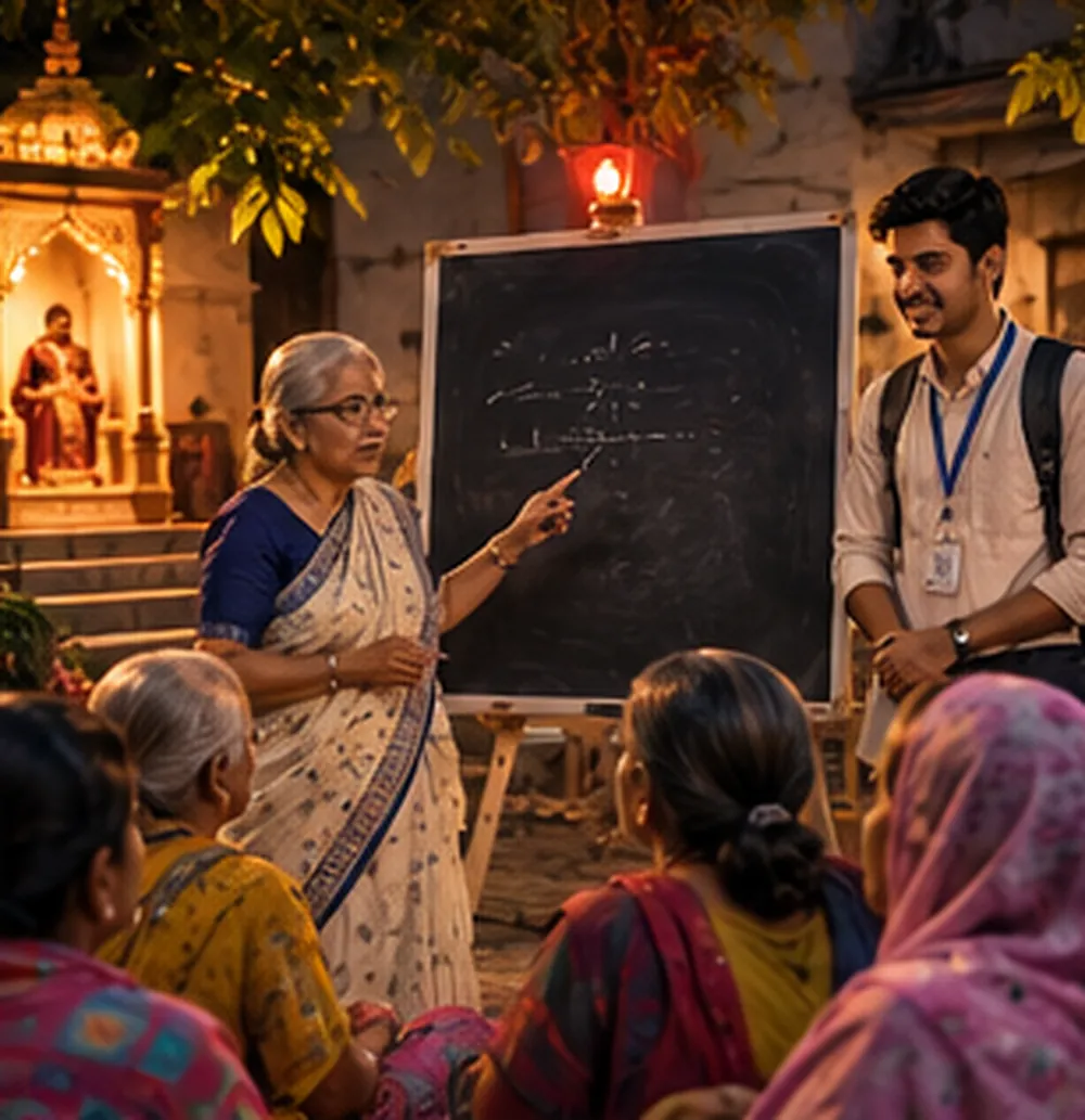 Mohalle ke mandir ke aangan mein blackboard ke saamne khadi ek bujurg mahila teacher ki tarah samjhaati hui, saamne baithi aurtein aur bujurg, aur paas khada unka pota