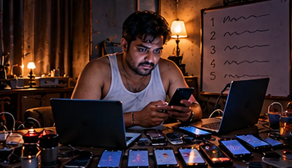 Band parde wale kamre mein baniyan pehne ek aadmi, saamne do laptop aur meez pe bichhe kai phone, deewar pe whiteboard pe likhe stage