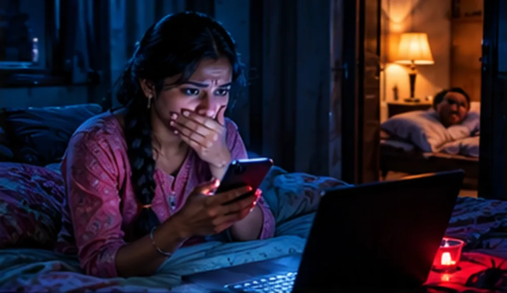 Raat ke andhere kamre mein laptop ki roshni mein baithi ek jawaan ladki, haath mein phone, chehre pe sadma, aur bagal ke kamre ka adhkhula darwaza