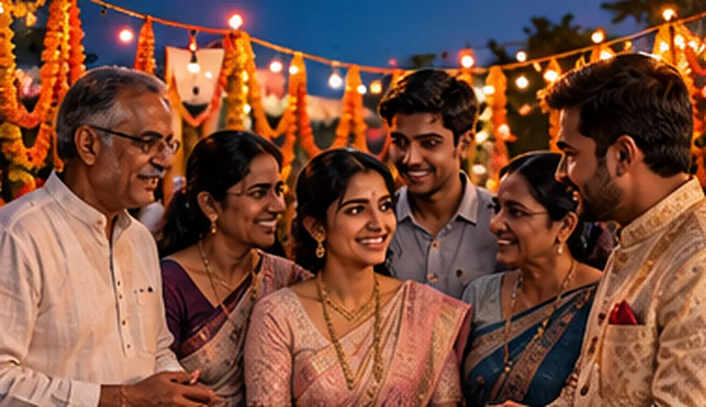 Ghar ki chhat pe sagai ka chhota function, gende ke phool aur jhalar, purana mangalsutra pehne muskurati ladki, saath mein papa, mummy, chhota bhai aur hone wale pati ka parivaar