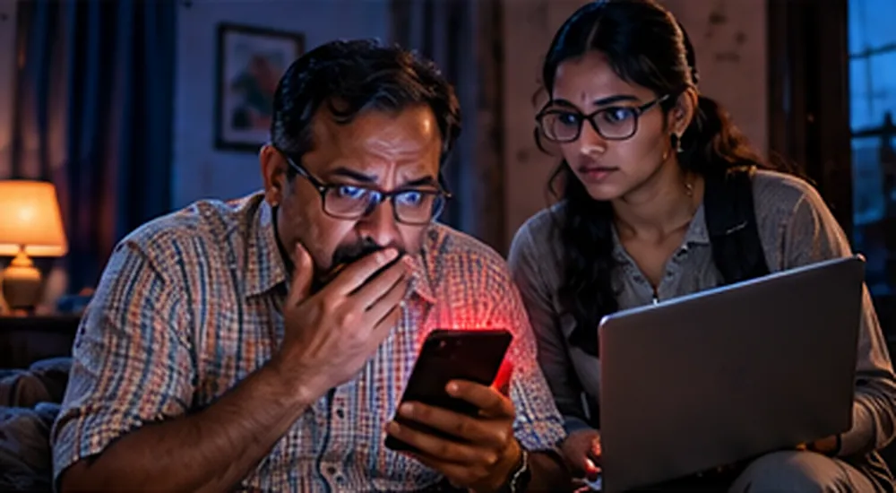 Raat ko ghar ke kamre mein phone haath mein liye sadme mein baithe adhed umar ke pita, bagal mein laptop ke saath khadi CA ki padhai karti beti