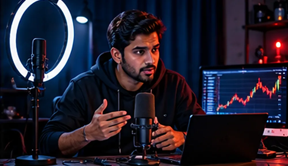 Ek kiraye ke bungalow ke kamre mein ring light aur mic ke saamne baitha ek jawaan aadmi, bagal ke laptop pe graph aur investors ki list