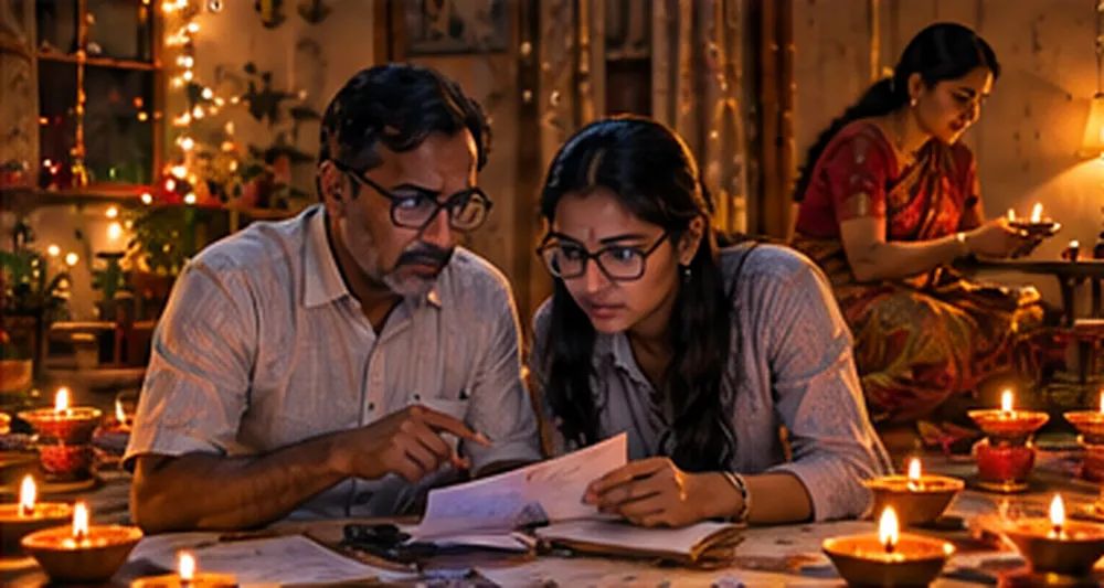 Diwali ki raat ghar mein diye ki roshni mein baithe pita aur CA ki padhai karti beti, beech mein ek kaagaz pe likhe niyam, peeche maa muskuraate hue diya jalaati hui