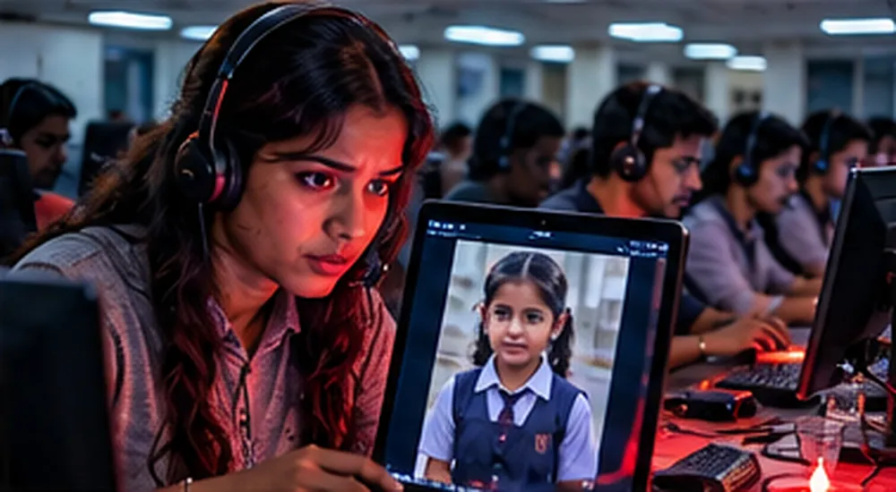 Ek bade hall mein kataar se baithe jawaan ladke-ladkiyaan headphone lagaye computer pe call karte hue, aage ki kursi pe ek ladki screen pe ek bachchi ki photo dekhti hui