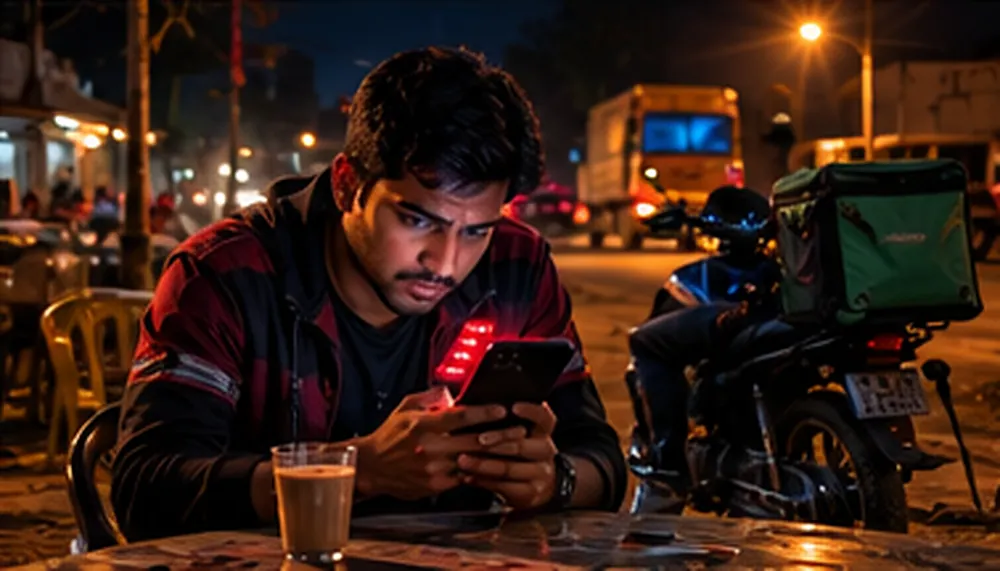 Raat ko highway ke dhabe pe akela baitha ek jawaan delivery rider, saamne thandi chai, haath mein phone jispe kai missed call, peeche khadi bike pe delivery bag