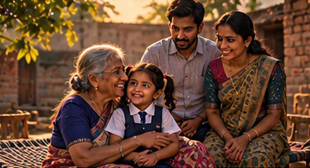 Gaon ke aangan mein khaat pe baithi daadi ki god mein school dress pehni chhoti bachchi, paas mein muskuraate maa-baap, shaam ki dhoop
