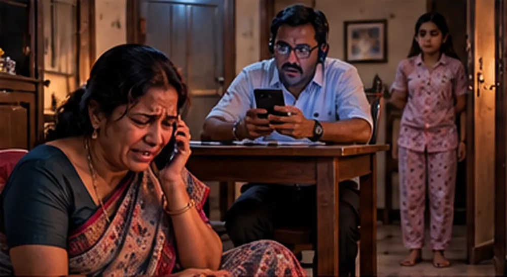 Raat ko ghar ki rasoi mein farsh pe phone pakde baithi maa, dining table pe phone ki taraf dekhte sadme mein pita, aur darwaaze pe khadi kishori beti