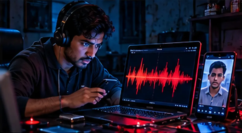 Raat ko ek chhote kamre mein headphone lagaye ek aadmi laptop pe awaaz ki lehron wali screen dekhta hua, bagal mein phone pe ek ladke ki reel chal rahi hai
