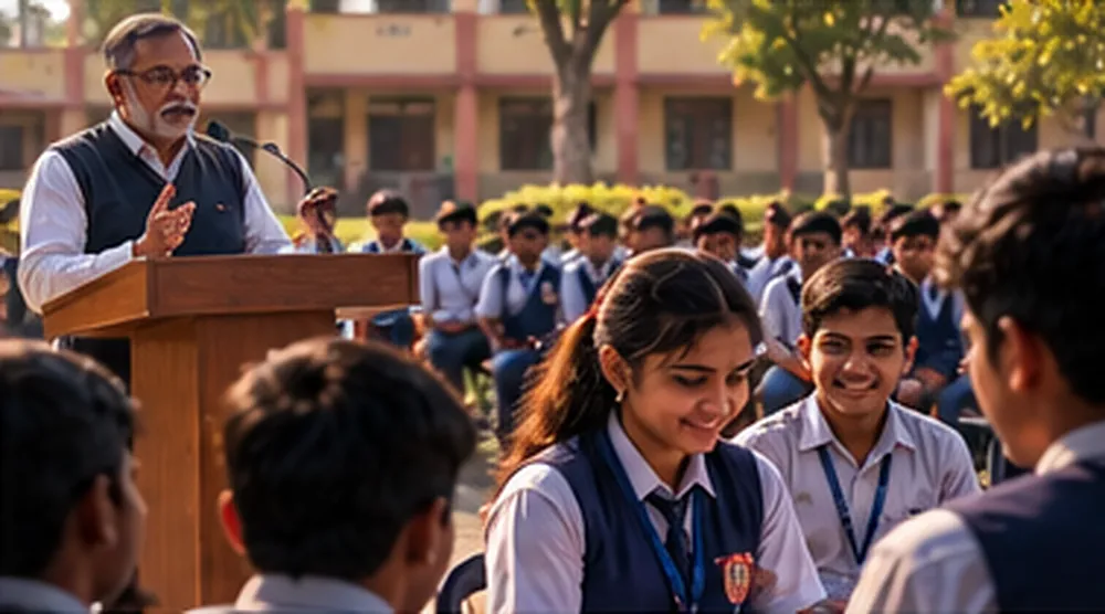 School ki subah ki prarthana sabha mein mic pe bolte principal, saamne kataar mein khade sainkdon bachche, aur ek kataar mein khadi kishori ladki jiski taraf sab mud ke dekh rahe hain